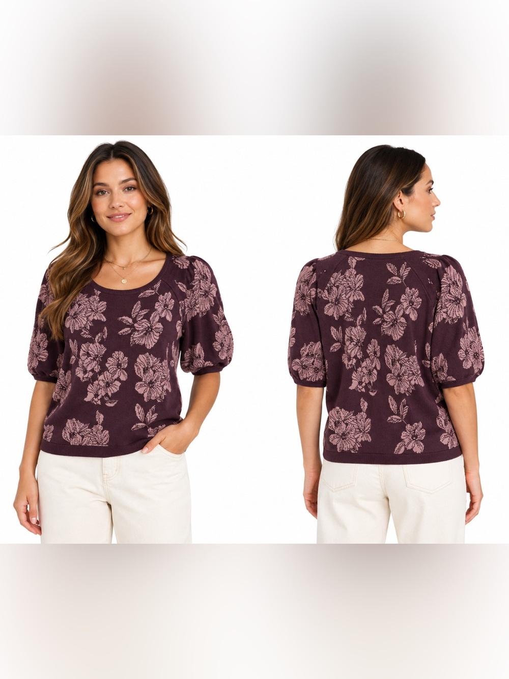 Liz Claiborne Floral Sweater Top XXL Purple Pink Knit Puff Sleeve Cottagecore‎